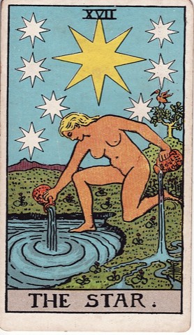 偉特塔羅星星牌，人物將水倒向土地與水池