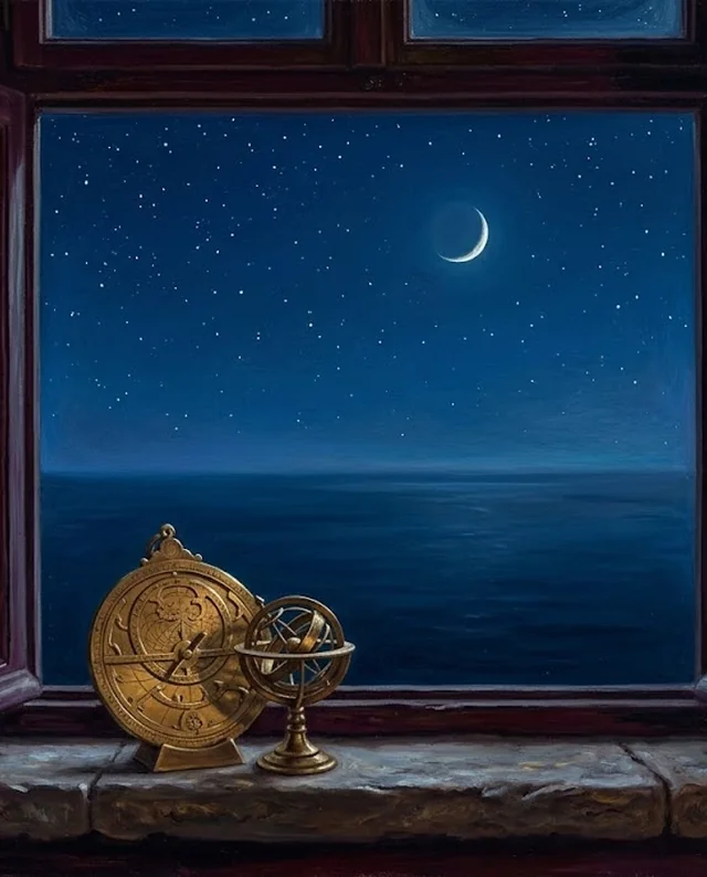 夜裡敞開的窗,窗台上有星盤與天球環,窗外是星空與海